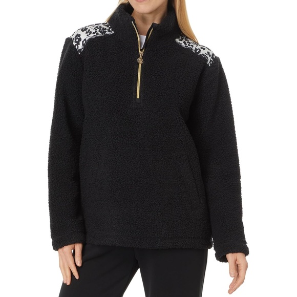 new Lilly Pulitzer Wallen Sherpa 1/2 Zip Jacket Pullover Black Size XL - Picture 1 of 5